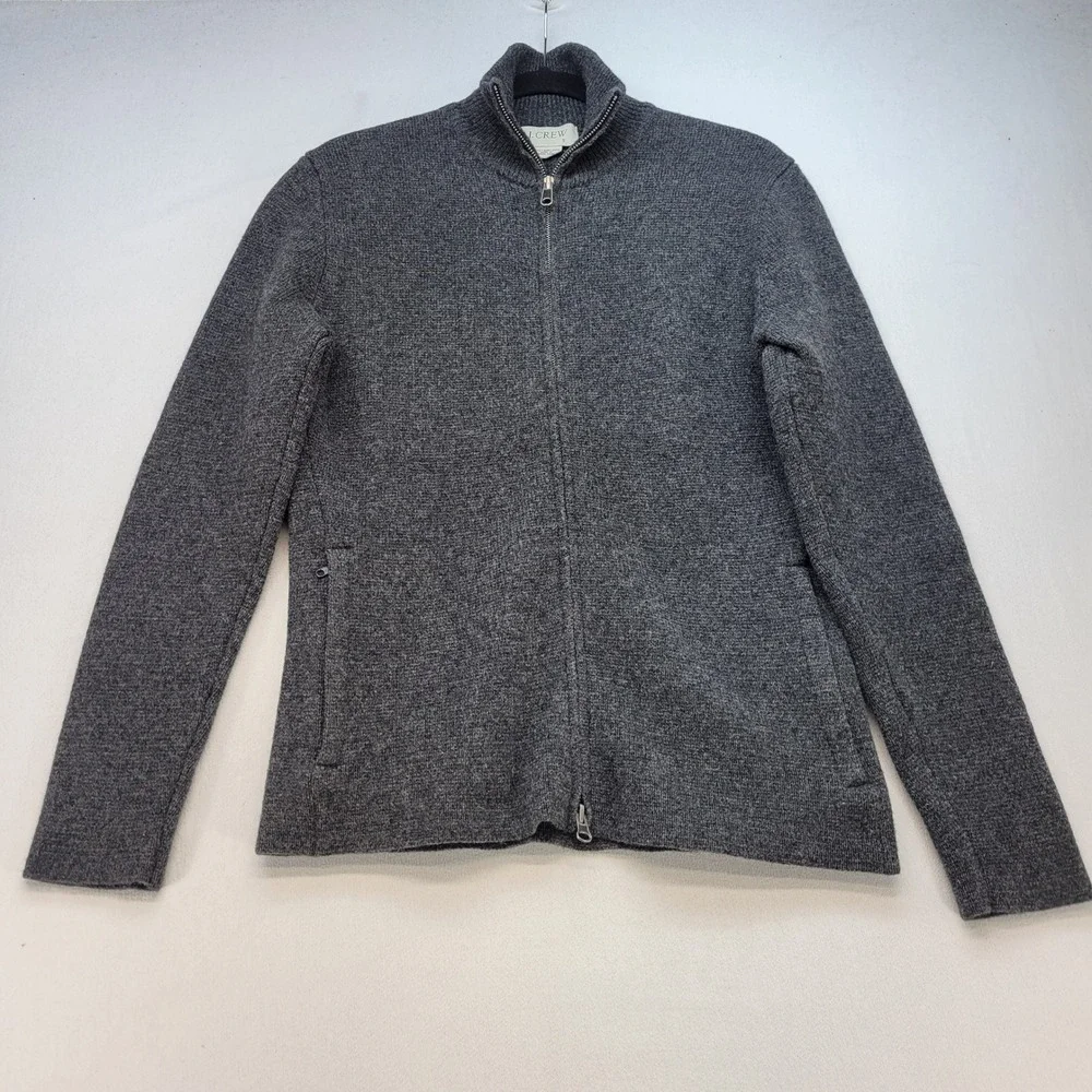 J.Crew Full Zip Sweater Mens Small Gray Lambswool Mock Neck Cardigan Knit